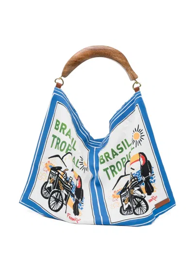 Farm Rio Wooden Handle Graphic Tote Bag In White