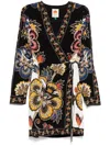 Farm Rio Black Maxi Floral Lenzing Ecovero Viscose Wrap Mini Dress In Black