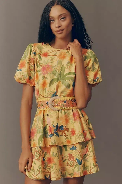 Farm Rio X Anthropologie Belted Tiered Mini Dress In Multi
