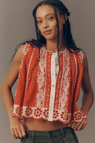 Farm Rio X Anthropologie Cotton Sleeveless Scalloped Blouse In Orange