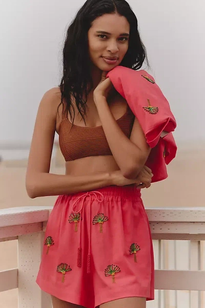 Farm Rio X Anthropologie Deco Palm Tree Drawstring Shorts In Pink