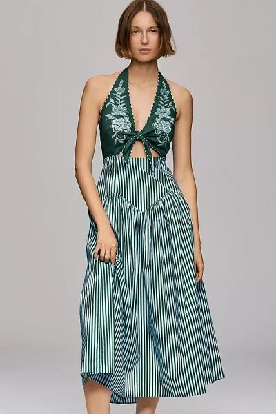 Farm Rio X Anthropologie Embroidered Halter Cutout Dress In Green