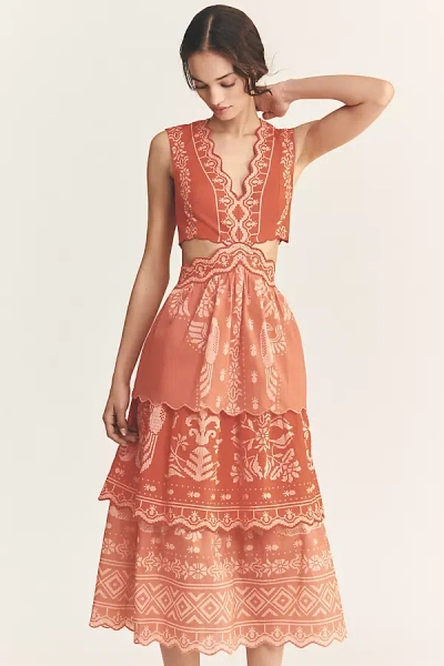 Farm Rio X Anthropologie Eyelet Tiered Ruffle Midi Dress