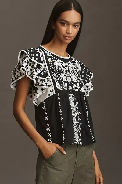 Farm Rio X Anthropologie Flutter-sleeve Top In Black