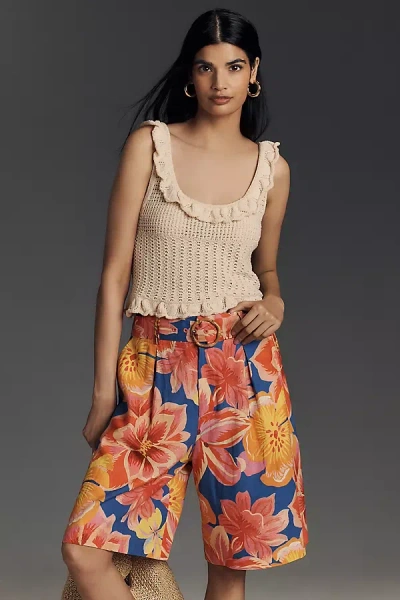 Farm Rio X Anthropologie Linen Blend Belted Floral Bermuda Shorts In Multicolor