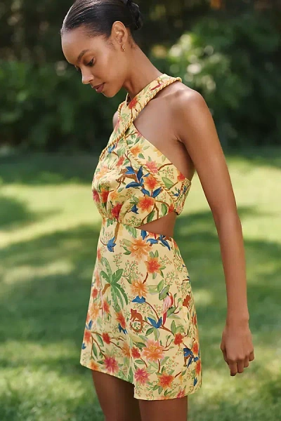 Farm Rio X Anthropologie Linen Blend Halter-neck Mini Dress In Multi