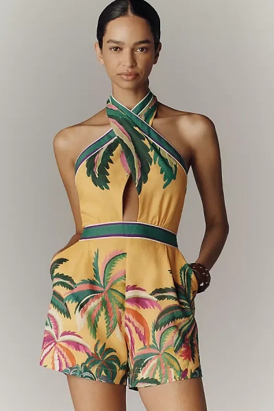 Farm Rio X Anthropologie Linen Blend Halter-neck Romper In Yellow