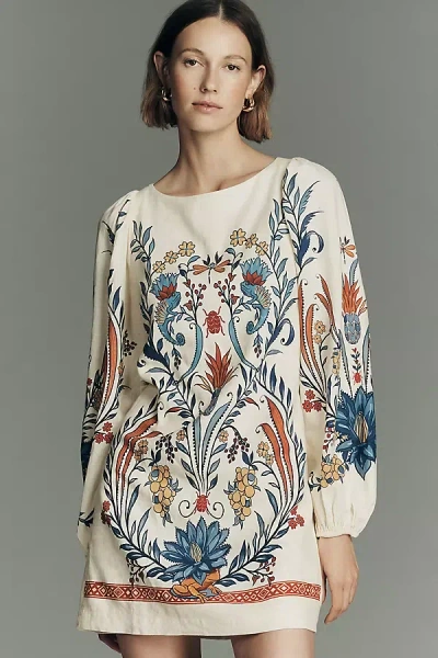 Farm Rio X Anthropologie Linen Blend Long-sleeve Mini Dress In Neutral