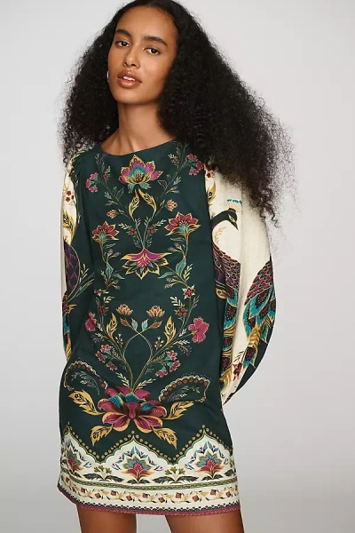 Farm Rio X Anthropologie Linen Blend Long-sleeve Mini Dress In Blue
