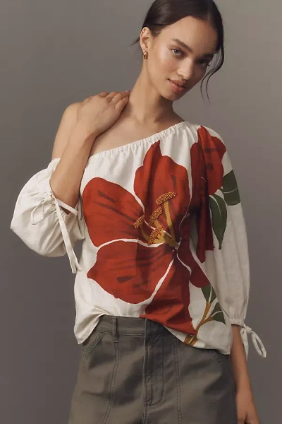 Farm Rio X Anthropologie Linen Blend One-shoulder Blouse In White
