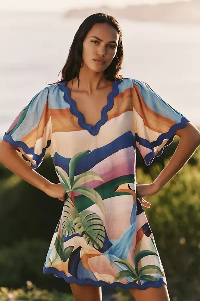 Farm Rio X Anthropologie Linen Blend Scalloped Mini Dress In Multi
