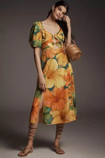 Farm Rio X Anthropologie Linen Blend Short-sleeve Cutout Printed Midi Dress In Orange