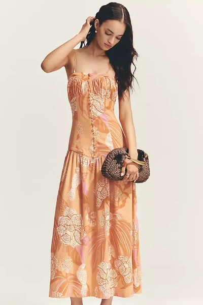 Farm Rio X Anthropologie Linen Blend Strapless Drop-waist Maxi Dress