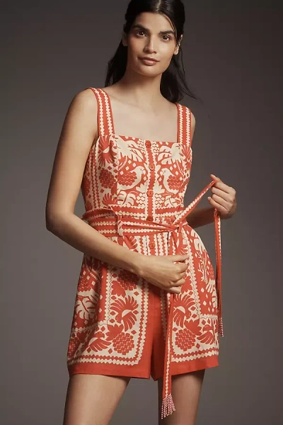Farm Rio X Anthropologie Linen Blend Tie-waist Romper In Red
