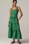 Farm Rio X Anthropologie Linen Blend Tiered Midi Dress In Green