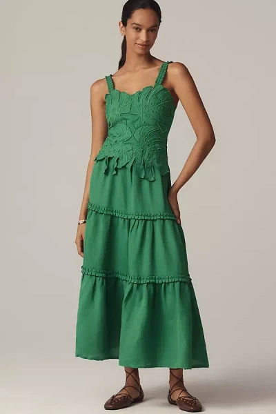Farm Rio X Anthropologie Linen Blend Tiered Midi Dress In Green