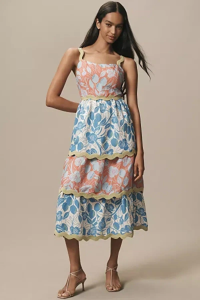 Farm Rio X Anthropologie Linen Blend Tiered Ric Rac Midi Dress In Blue