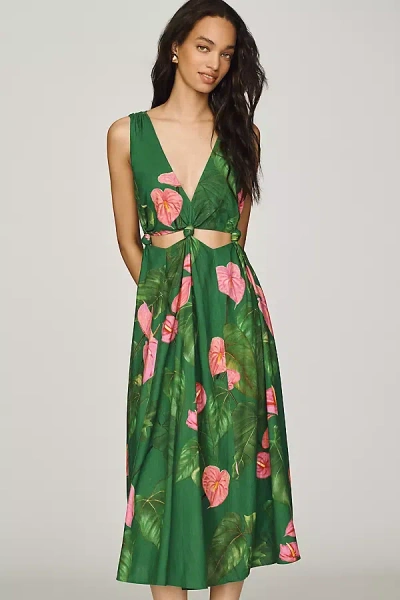 Farm Rio X Anthropologie Linen Blend V-neck Cutout Midi Dress In Green