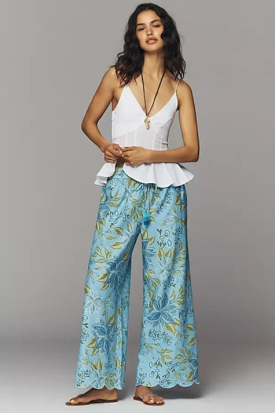 Farm Rio X Anthropologie Linen Floral Pants In Blue