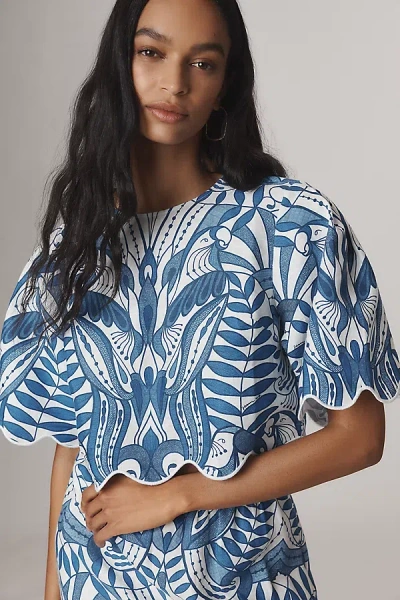 Farm Rio X Anthropologie Linen Lace Nature Short-sleeve Cropped Blouse In Blue
