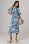 Farm Rio X Anthropologie Linen Lace Nature Slim Midi Skirt In Blue