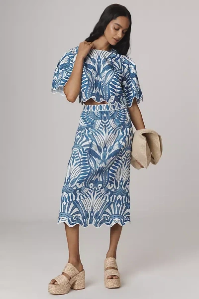 Farm Rio X Anthropologie Linen Lace Nature Slim Midi Skirt In Blue