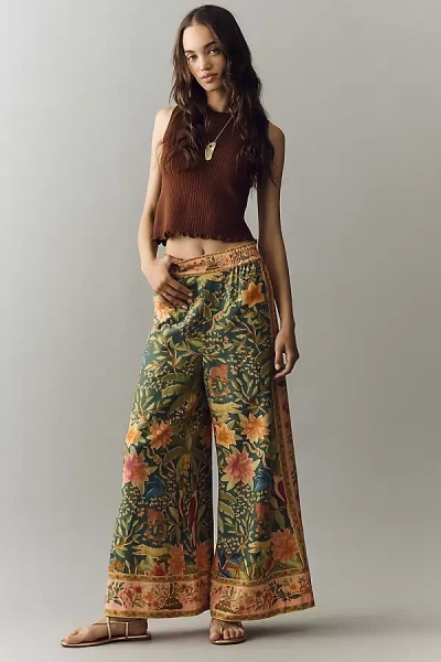 Farm Rio X Anthropologie Linen Wide-leg Pants In Green