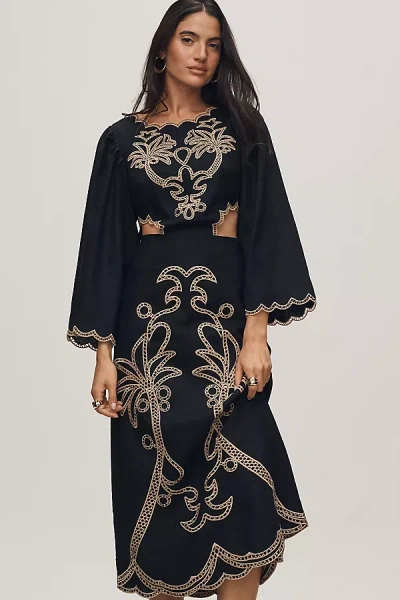 Farm Rio X Anthropologie Long-sleeve Cutout Embroidered Midi Dress In Black