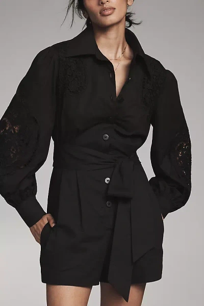 Farm Rio X Anthropologie Long-sleeve Eyelet Romper In Black