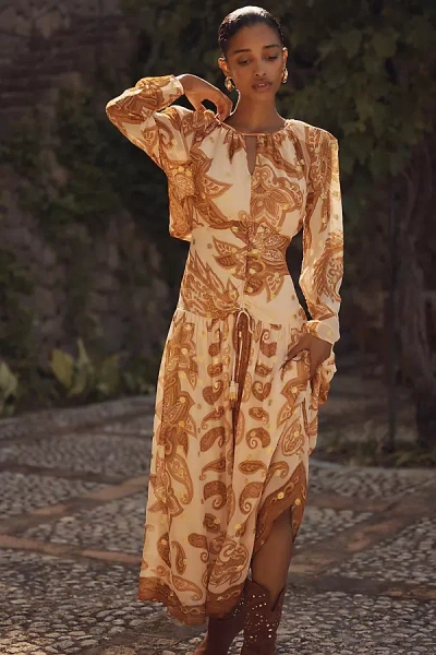 Farm Rio X Anthropologie Long-sleeve Jacquard Maxi Dress In Gold