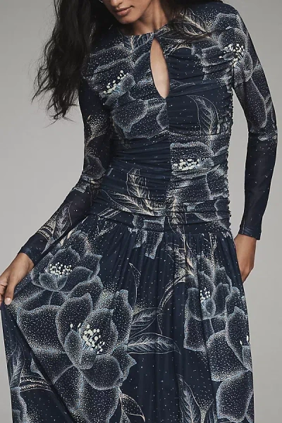 Farm Rio X Anthropologie Long-sleeve Keyhole Maxi Dress In Blue