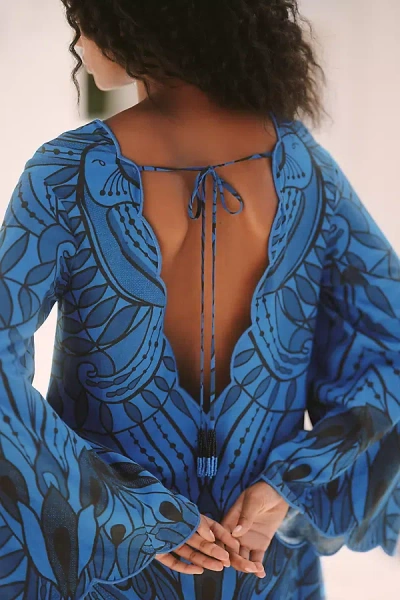 Farm Rio X Anthropologie Long-sleeve Open-back Mini Dress In Blue