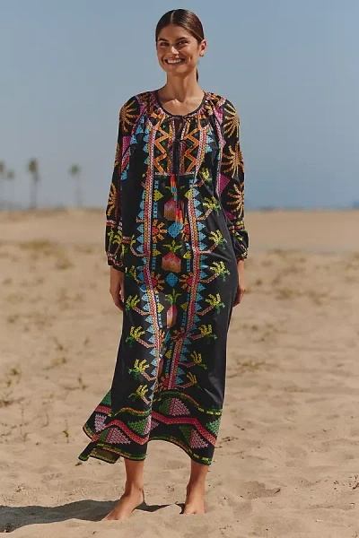 Farm Rio X Anthropologie Long-sleeve Tie-front Maxi Dress In Multi