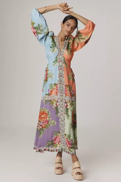 Farm Rio X Anthropologie Long-sleeve V-neck Maxi Dress In Blue