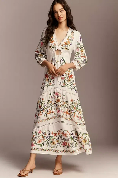 Farm Rio X Anthropologie Long-sleeve V-neck Cutout Dress In Multi
