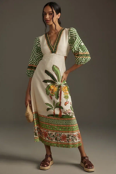 Farm Rio X Anthropologie Palm V-neck Midi Dress In Multicolor