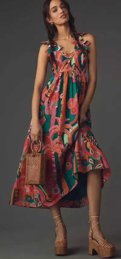 Pre-owned Farm Rio X Anthropologie Pleated Palm Midi Dress In Multicolor