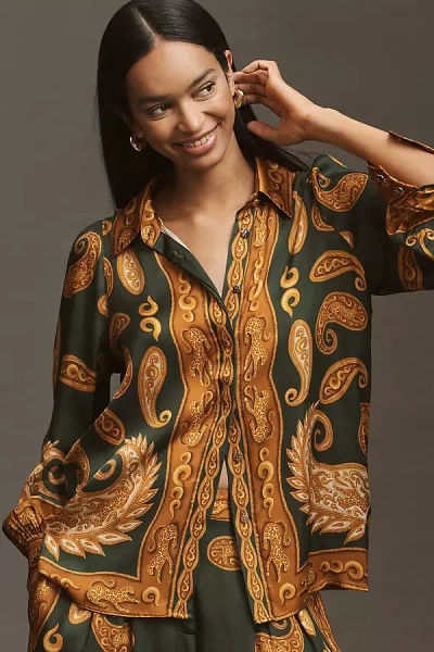 Farm Rio X Anthropologie Printed Buttondown Shirt In Green