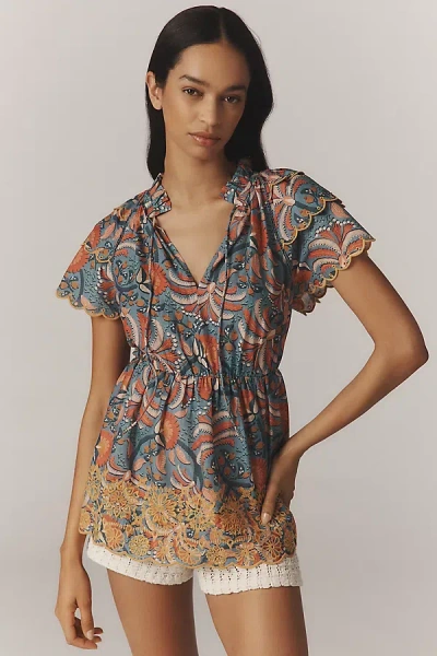 Farm Rio X Anthropologie Printed Richelieu High-neck Short-sleeve Ruffle Blouse In Multi