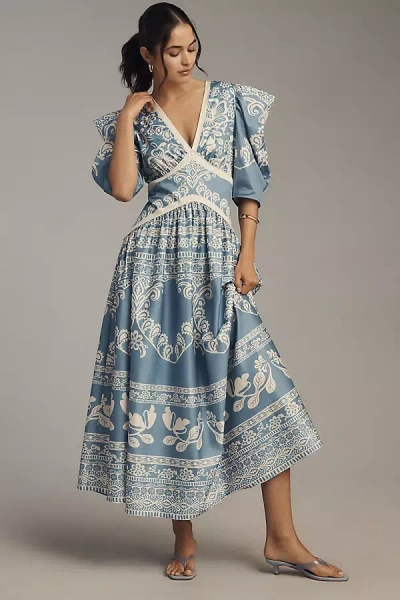 Farm Rio X Anthropologie Printed V-neck Puff-sleeve Maxi Dress
