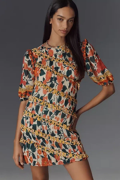 Farm Rio X Anthropologie Puff-sleeve Fitted Mini Dress In Multicolor