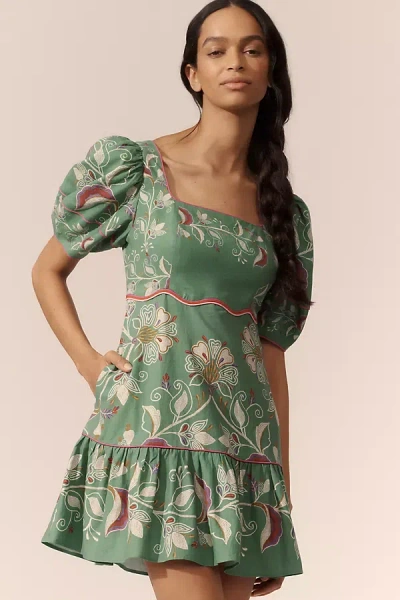 Farm Rio X Anthropologie Puff-sleeve Linen Blend Mini Dress In Green