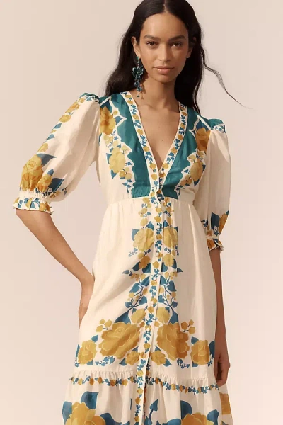 Farm Rio X Anthropologie Puff-sleeve Printed Midi Dress In White