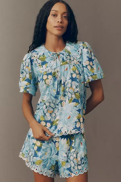 Farm Rio X Anthropologie Scalloped Linen Blend Shirt Top In Blue