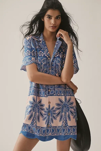 Farm Rio X Anthropologie Scalloped Shirt Dress In Blue