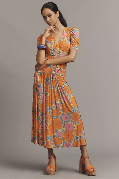 Farm Rio X Anthropologie Short-sleeve V-neck Ruched Midi Dress In Orange