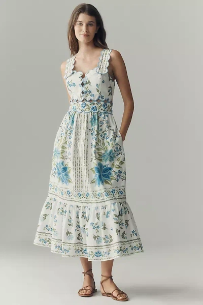 Farm Rio X Anthropologie Sleeveless Scallop-trim Printed Midi Dress In Multi