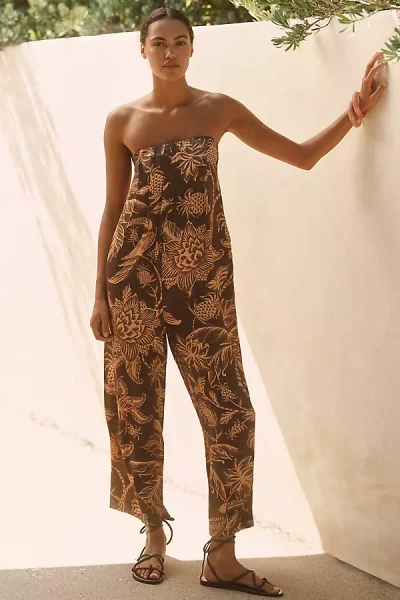 Farm Rio X Anthropologie Strapless Waistless Jumpsuit In Brown