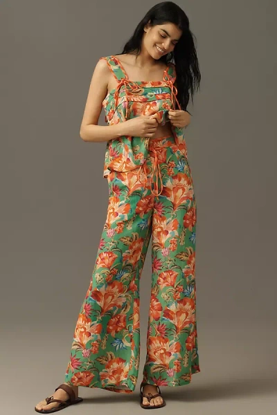 Farm Rio X Anthropologie Tie-front Floral Pants In Green
