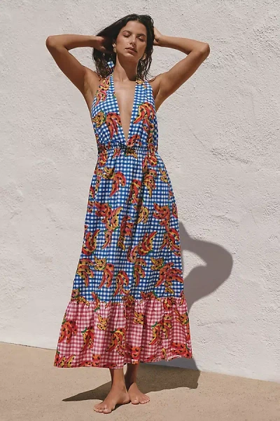 Farm Rio X Anthropologie Tiered Cotton Maxi Dress In Blue